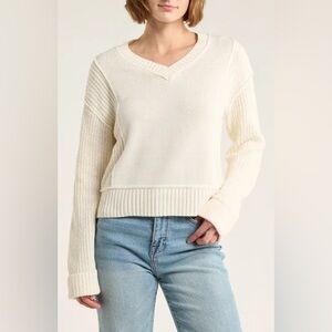Rdi Women's Cream V-Neck Sweater textured lounge relaxed cos co medium boho chic